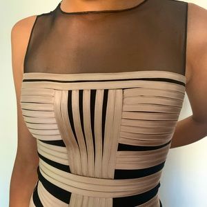 Champagne gold BCBG mini dress w/ black mesh under
